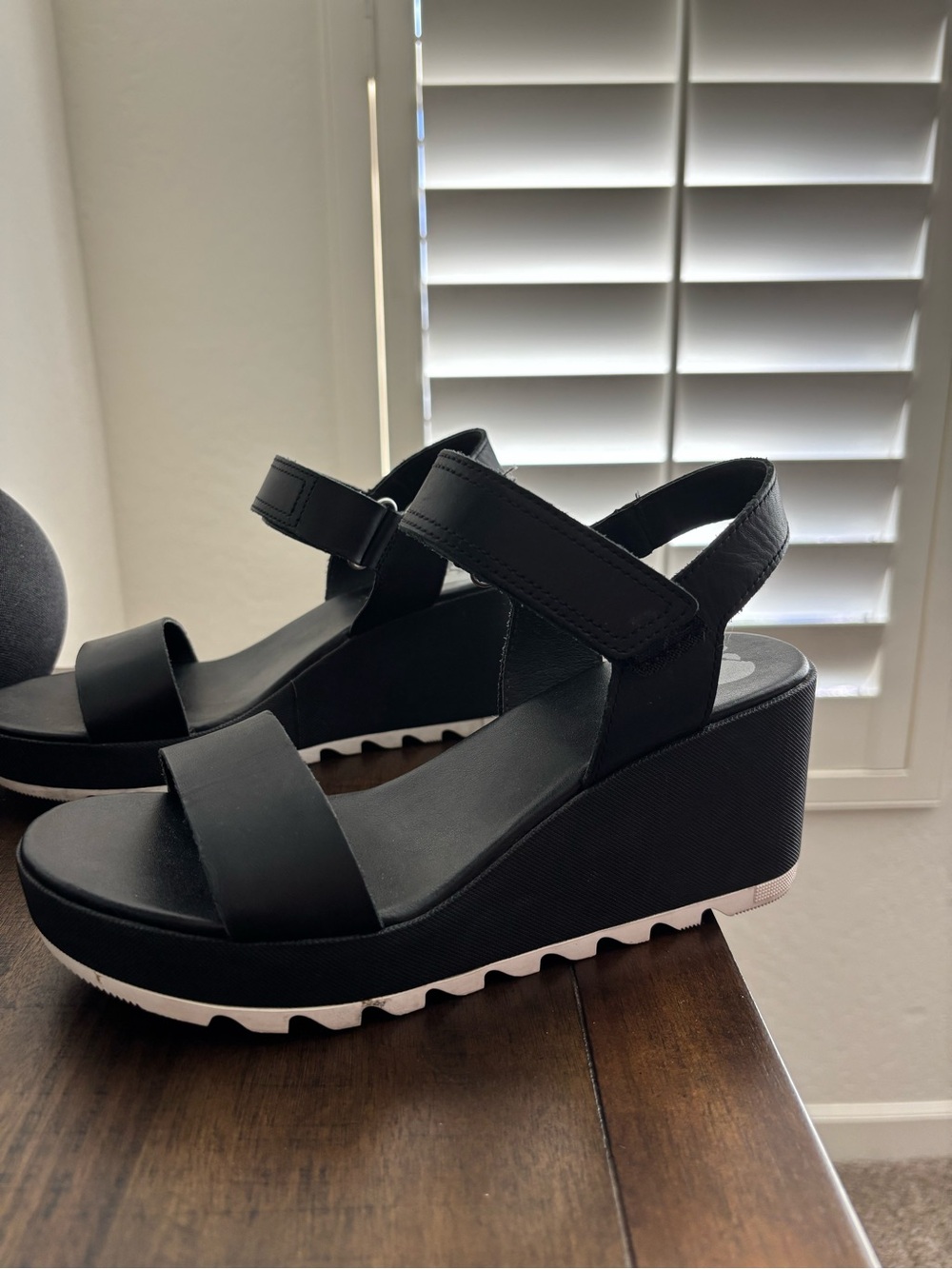 Sorel Black Platform Wedge Sandals with Ankle Strap